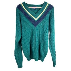 VTG 90s Gant Varsity Sweater L Christmas Cable Knit V Neck Tennis Cricket Preppy